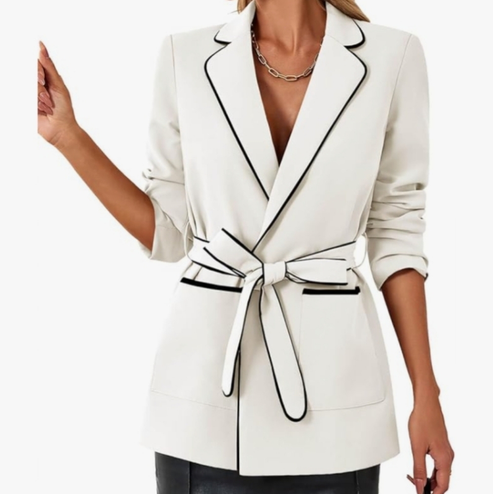 Elegant White Women's Blazer with Black Trim